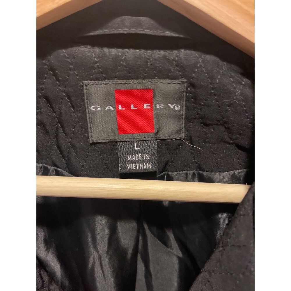Gallery Womens Quilted Black Trench Coat Button-Front Size L - Picture 2 of 13